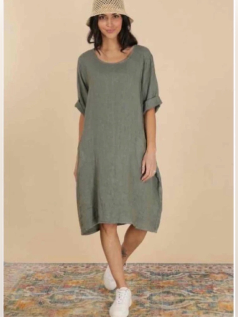 COLETTE Made in Italy 100% Linen Boho Baggy Minimal  Midi  Polka Dot Dress sz L